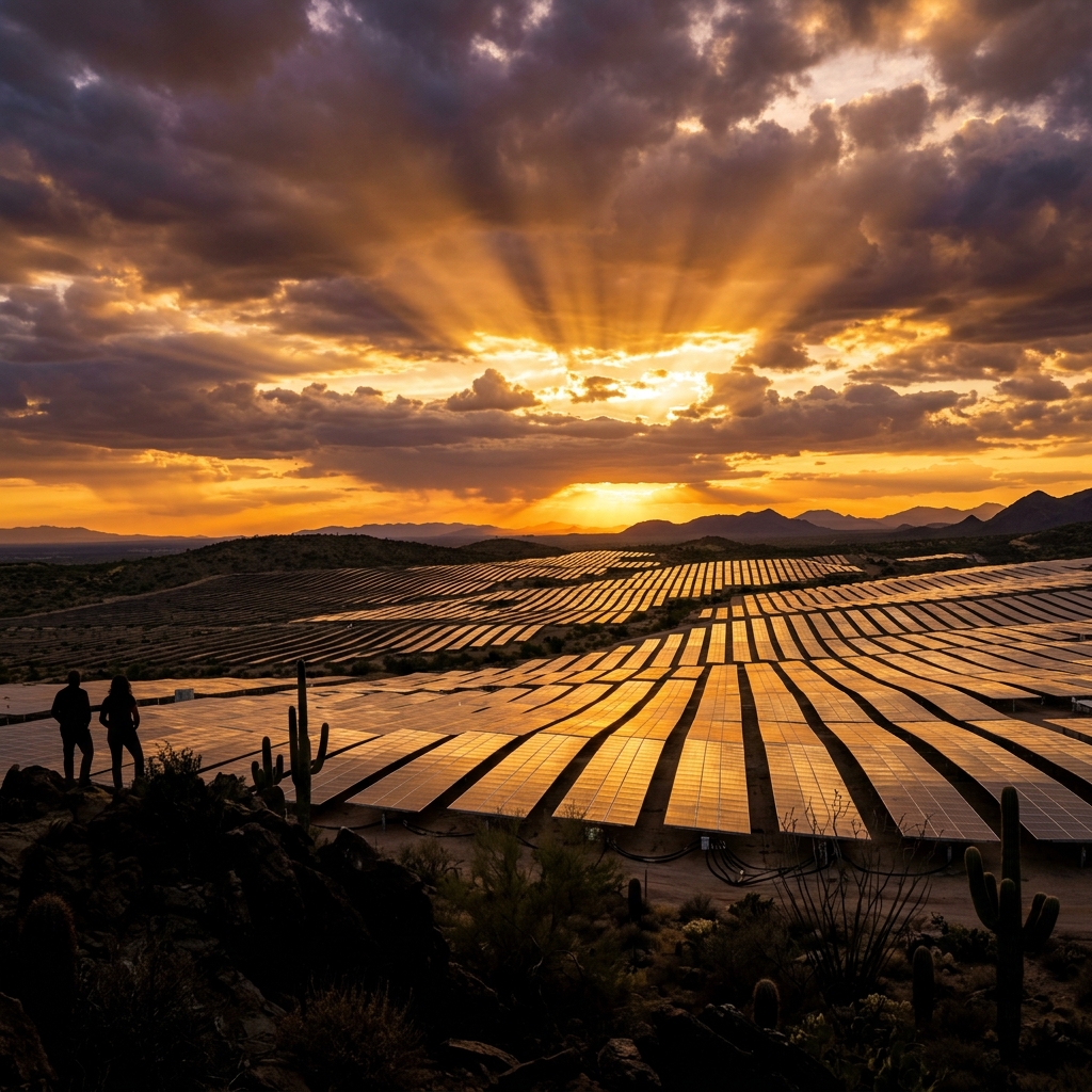 Solar panel field at golden hour